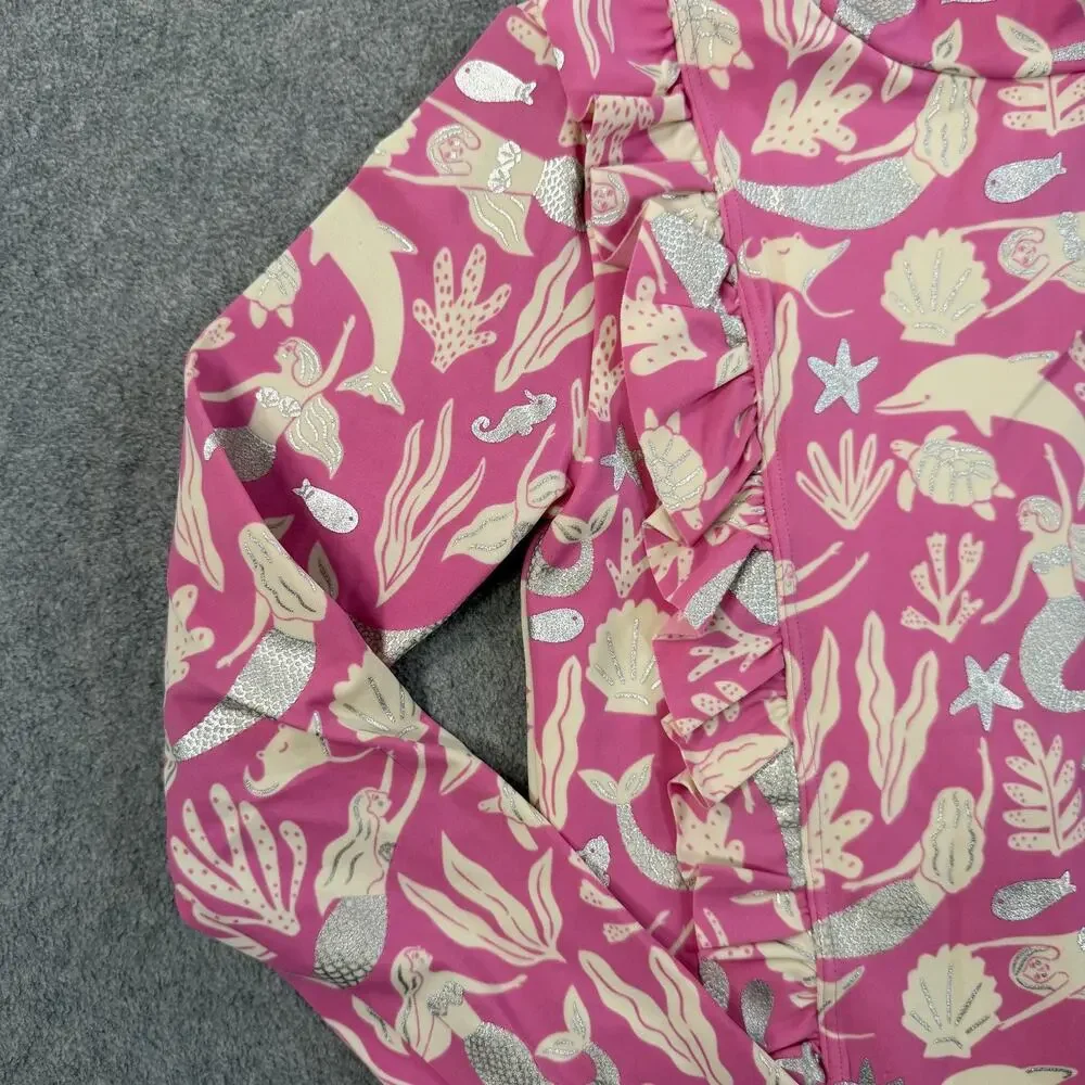 Boden Girls 9-10Y Pink Mermaid Dolphin Print Long Sleeve Ruffle Swimsuit Zipper
